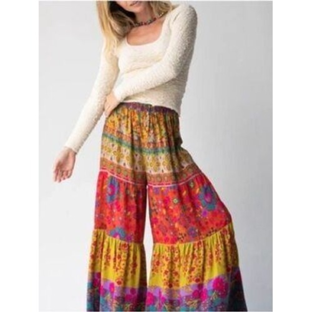 Natural Life Palazzo Pants Women XL Multicolor Floral Boho Tiered Wide Leg Rayon
